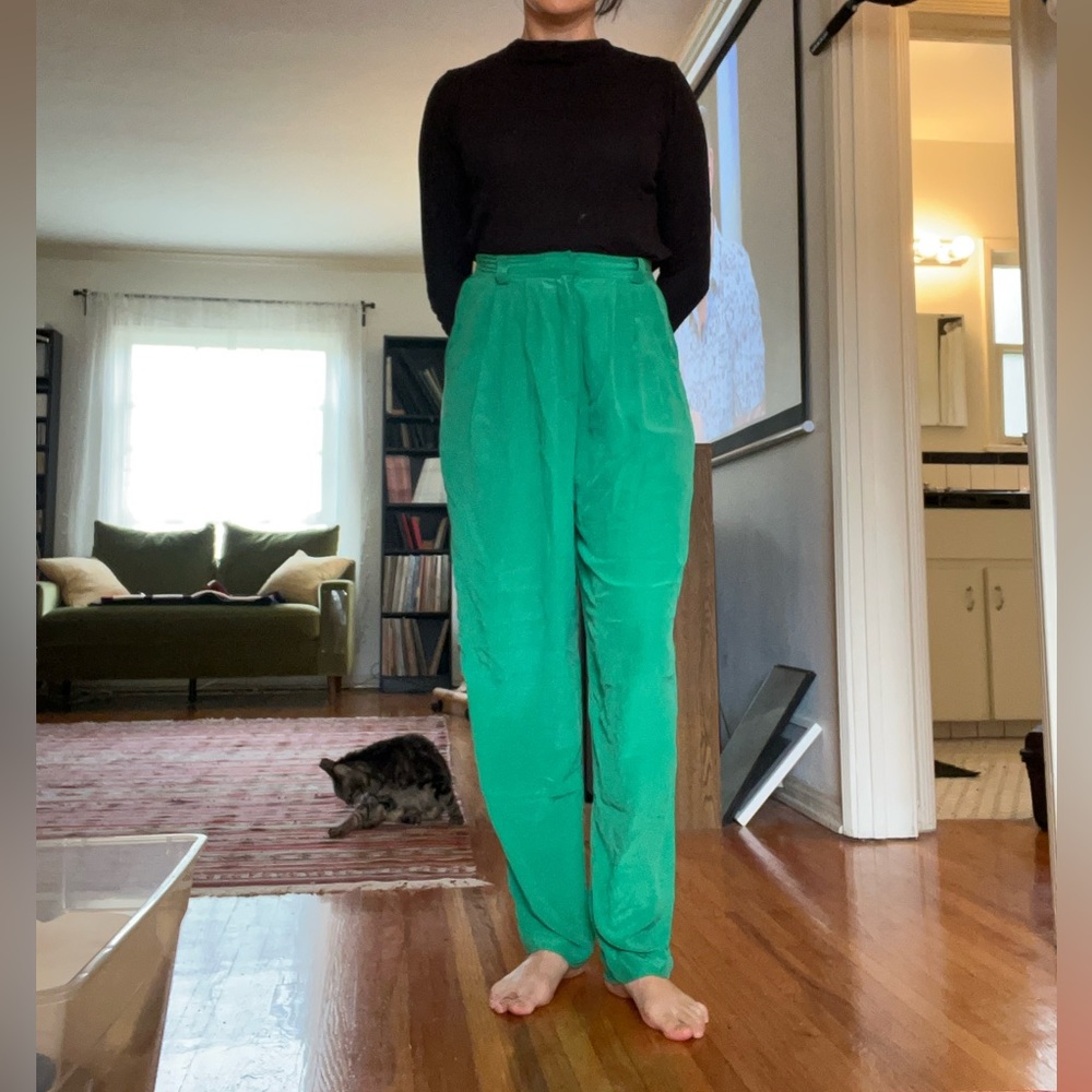 100% silk green pants